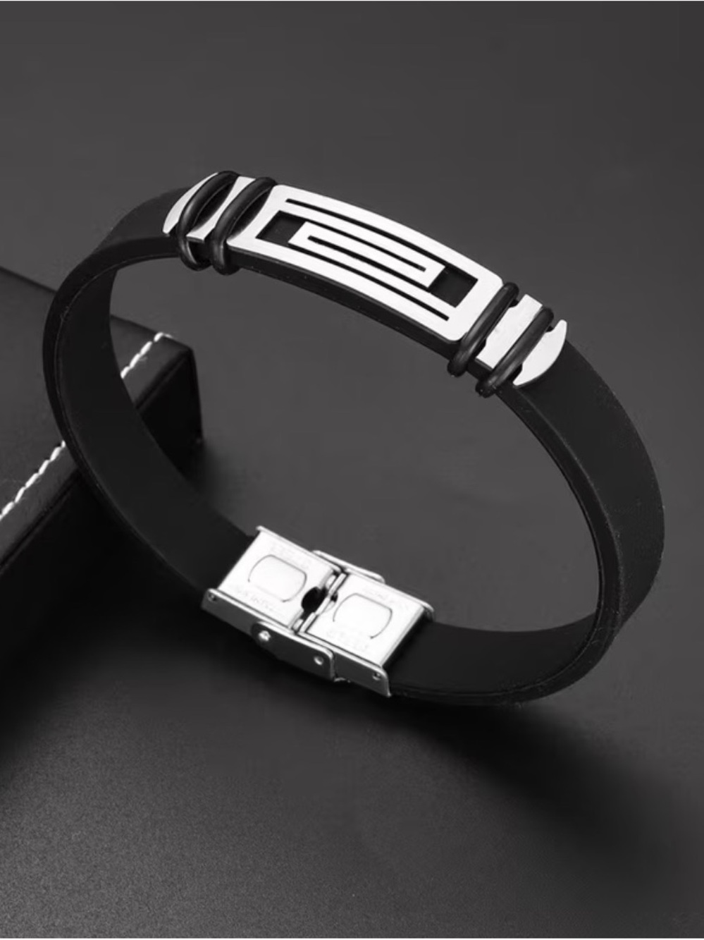 Men's Black Silicone Bracelet with Silver Geometric Plate